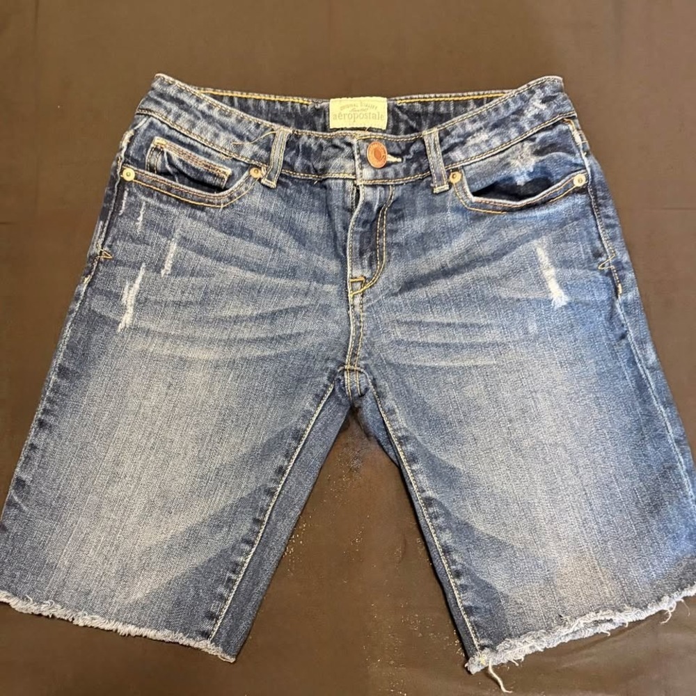 Aeropostale Womens Denim Shorts Size 3/4 Medium Wash Raw Hem Stretch 00s Style